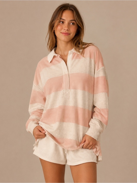 aerie Tops - Aerie Oversized Rugby Sweatshirt Pink Ivory Stripe Collared Pullover M
